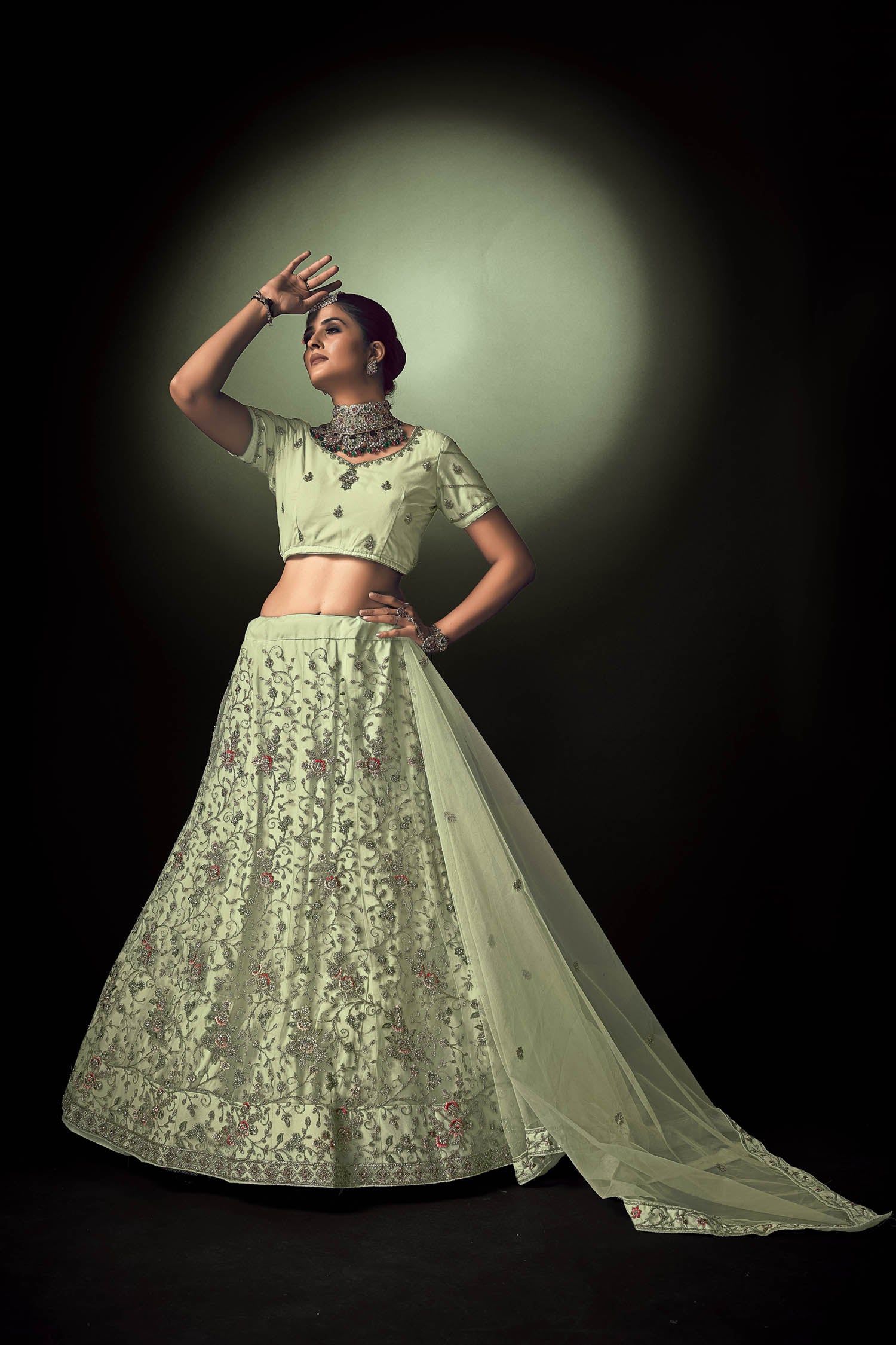 Pista Embroidery with Thread Work Butterfly Net Lehenga Choli with Dupatta | 4052