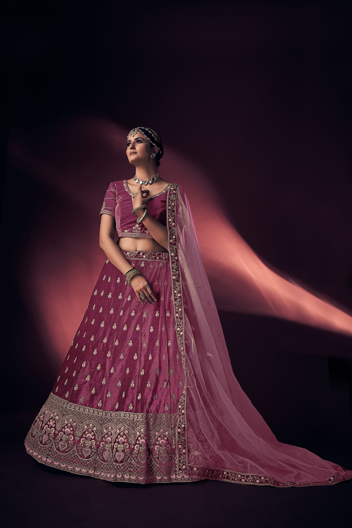 Light Pink Thread Work Lycra Velvet Lehenga Choli with Dupatta | 4101