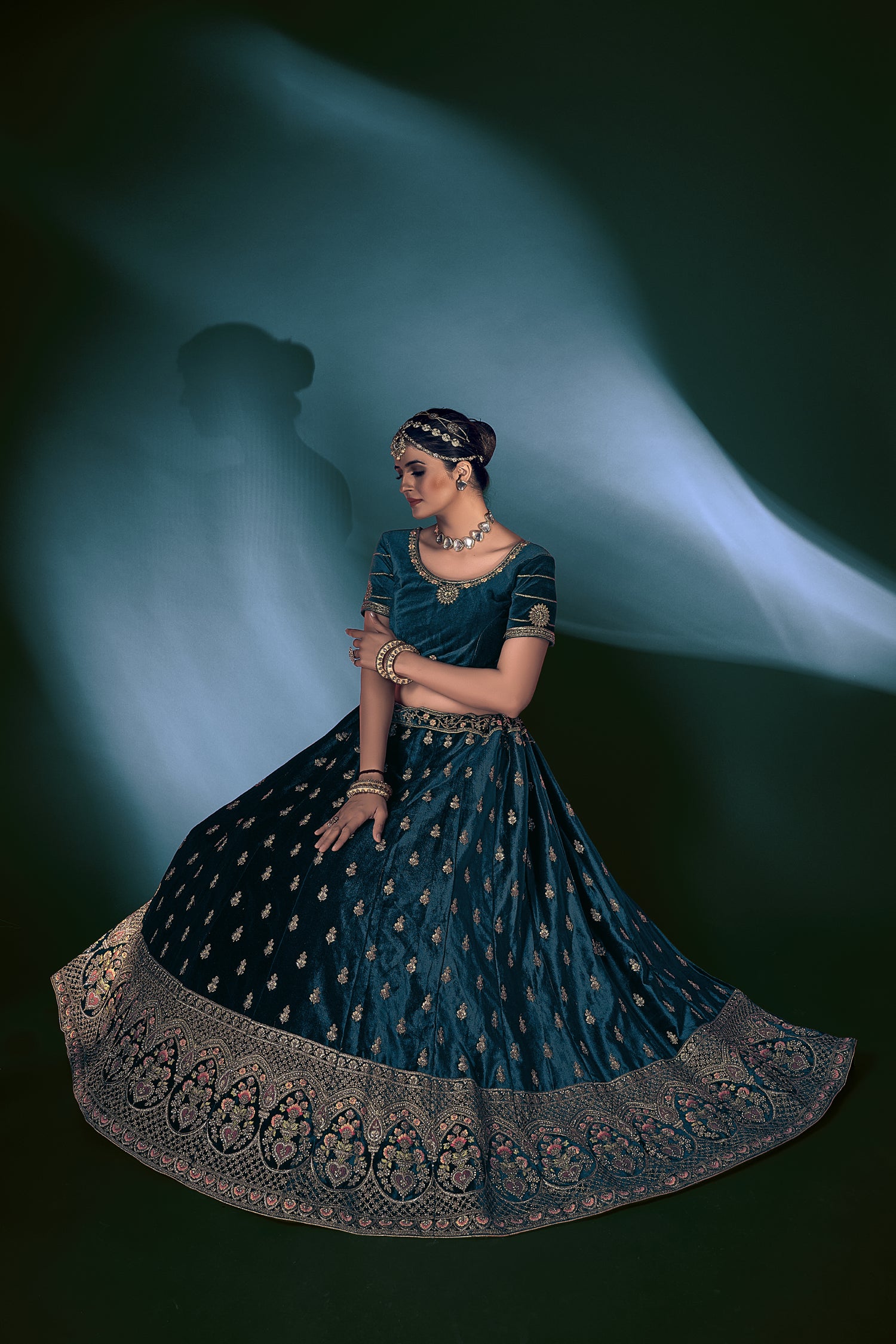 Blue Thread Work Lycra Velvet Lehenga Choli with Dupatta | 4101
