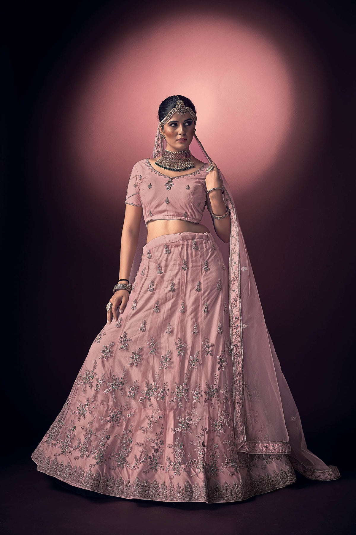 Light Pink Embroidery with Thread Work Net Lehenga Choli with Dupatta | 4074