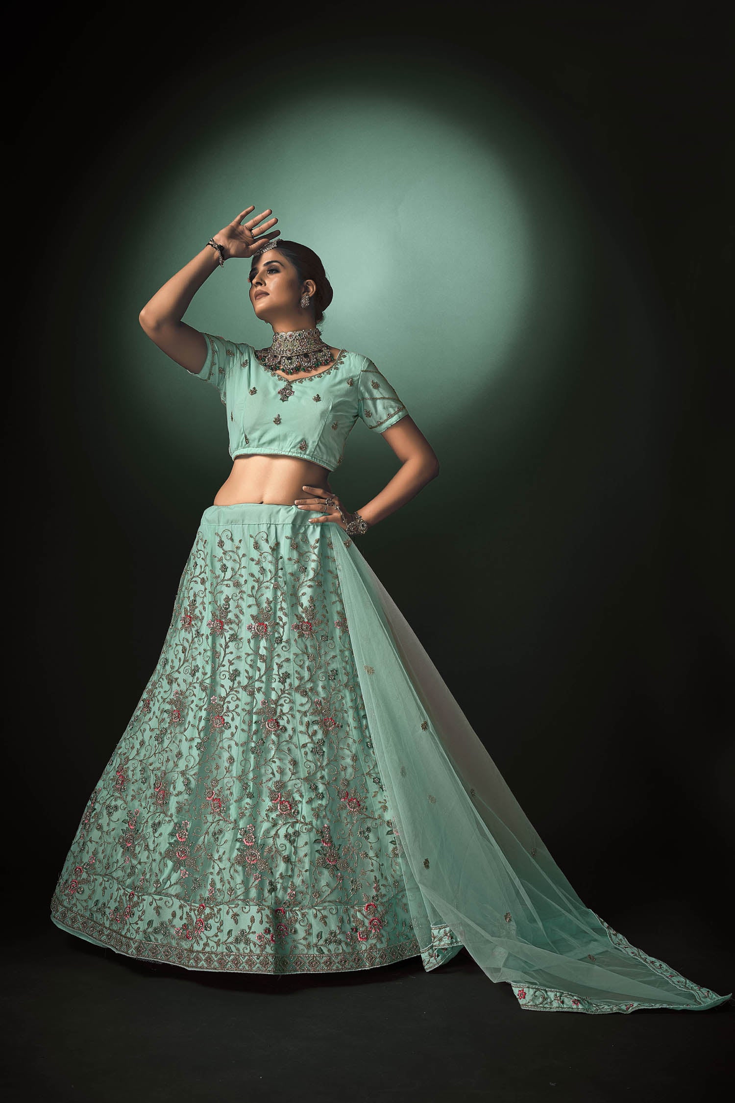 Turquoise Blue Embroidery with Thread Work Butterfly Net Lehenga Choli with Dupatta | 4052