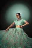 Turquoise Blue Embroidery with Thread Work Butterfly Net Lehenga Choli with Dupatta | 4052