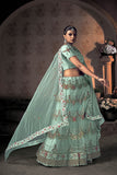 Turquoise Blue Net Lehenga Choli with Dupatta - Embroidery & Thread Work