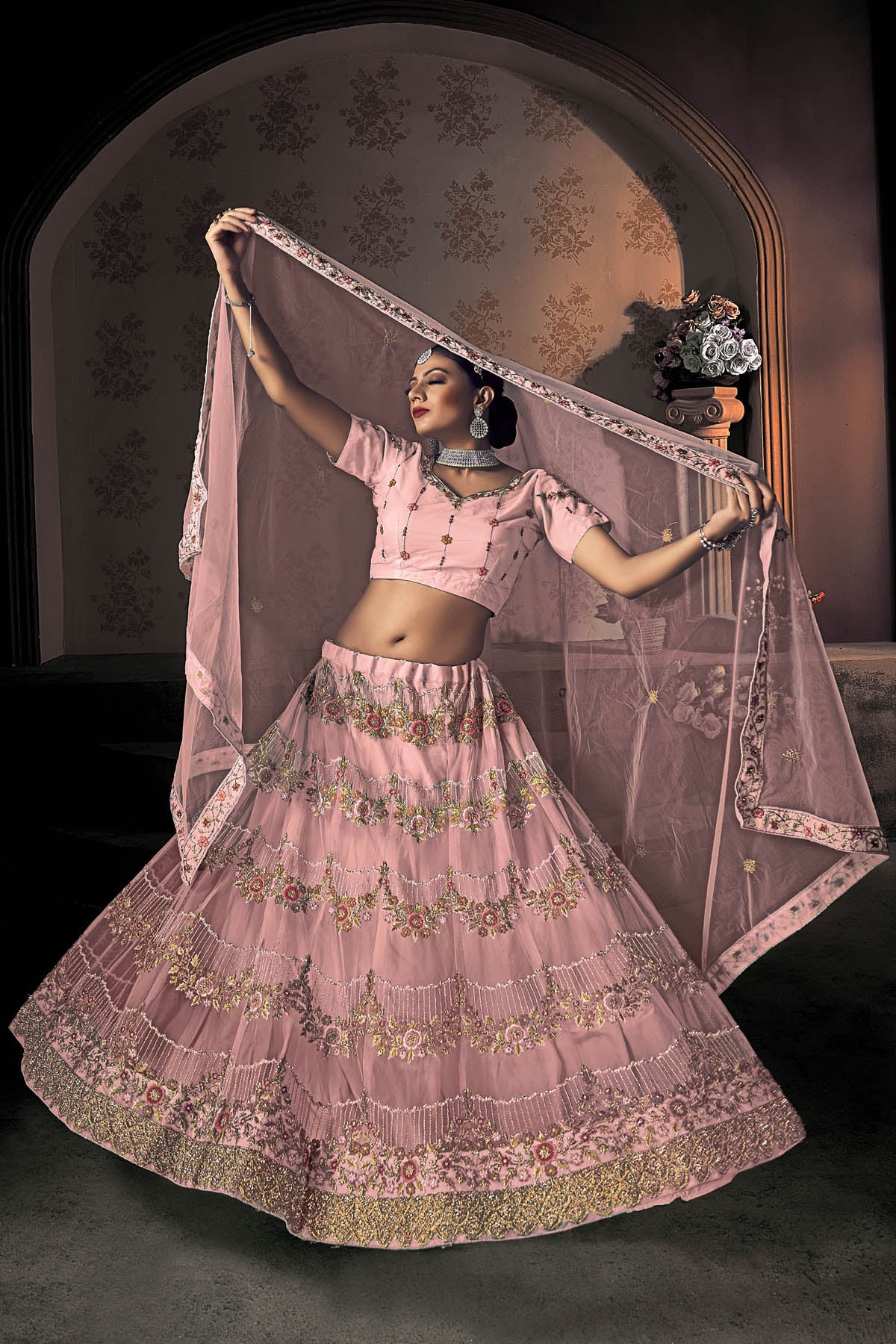Light Pink Embroidery & Thread Work Net Lehenga Choli with Dupatta | 4066