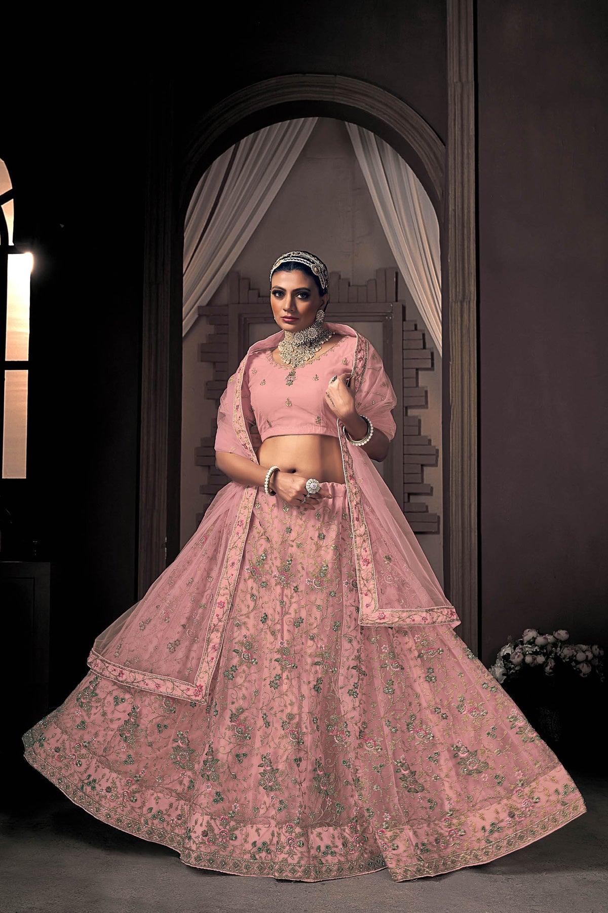 Light Pink Butterfly Net Lehenga Choli with Dupatta - Embroidery with Thread Work
