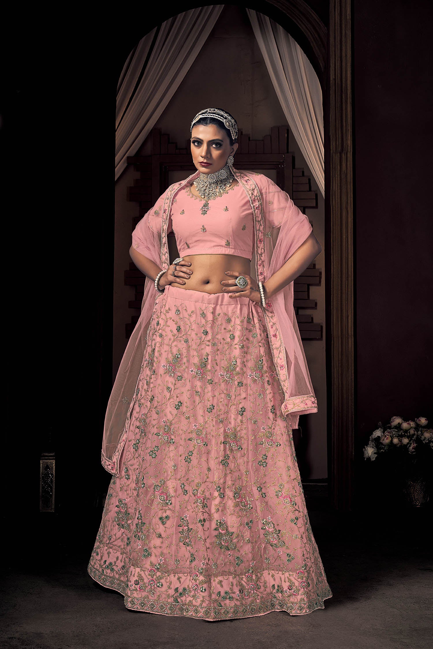 Light Pink Embroidery with Thread Work Butterfly Net Lehenga Choli with Dupatta | 4052