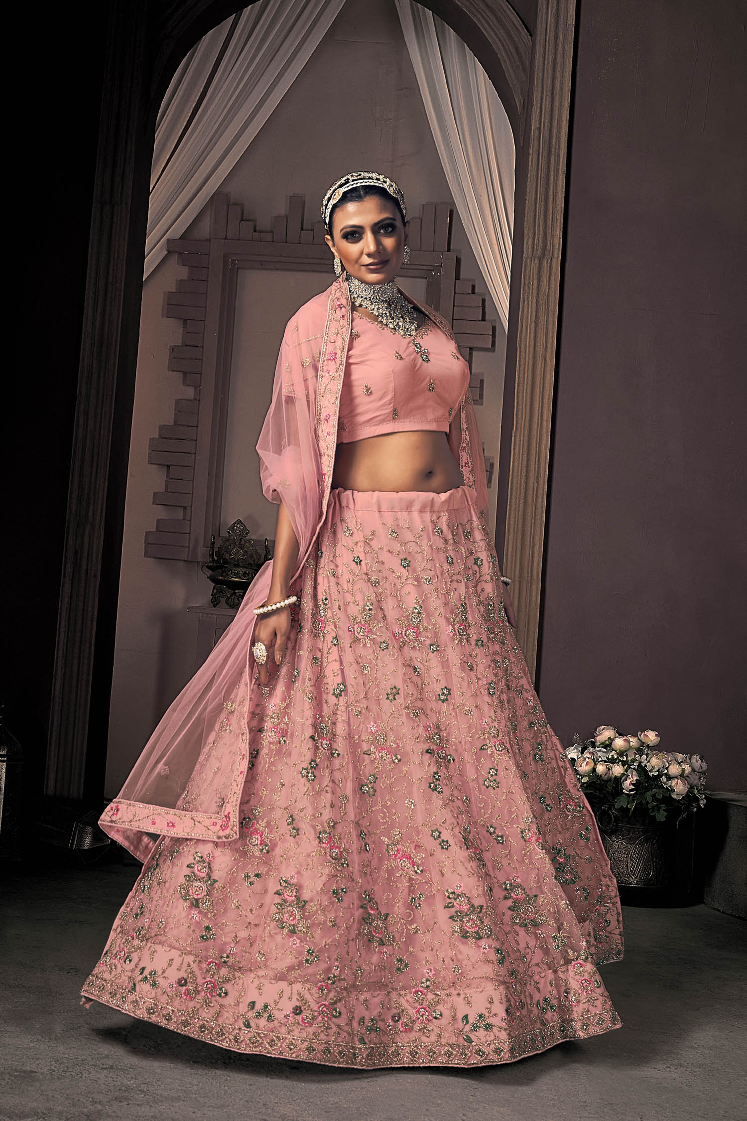 Light Pink Embroidery with Thread Work Butterfly Net Lehenga Choli with Dupatta | 4052
