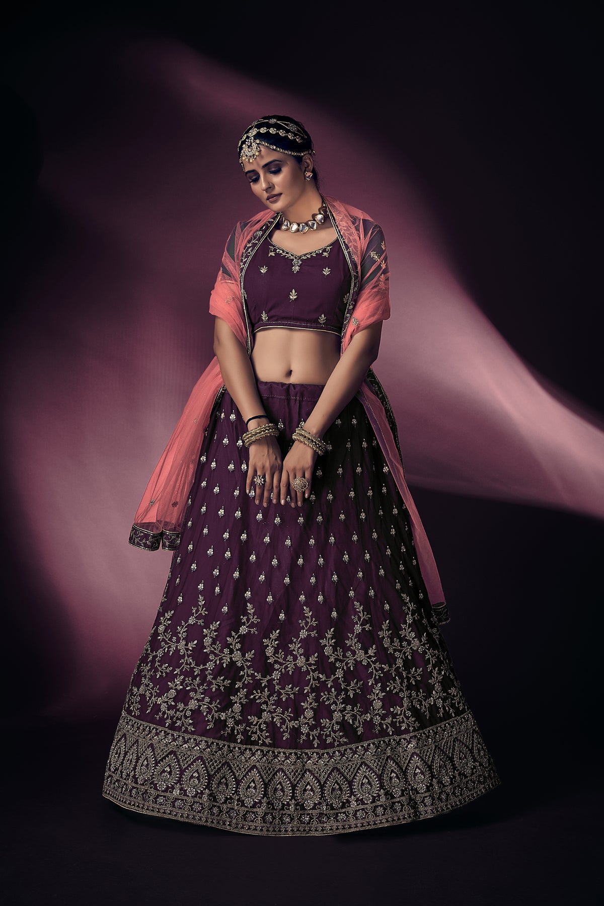 Purple Lehenga Choli with Dupatta - Thread