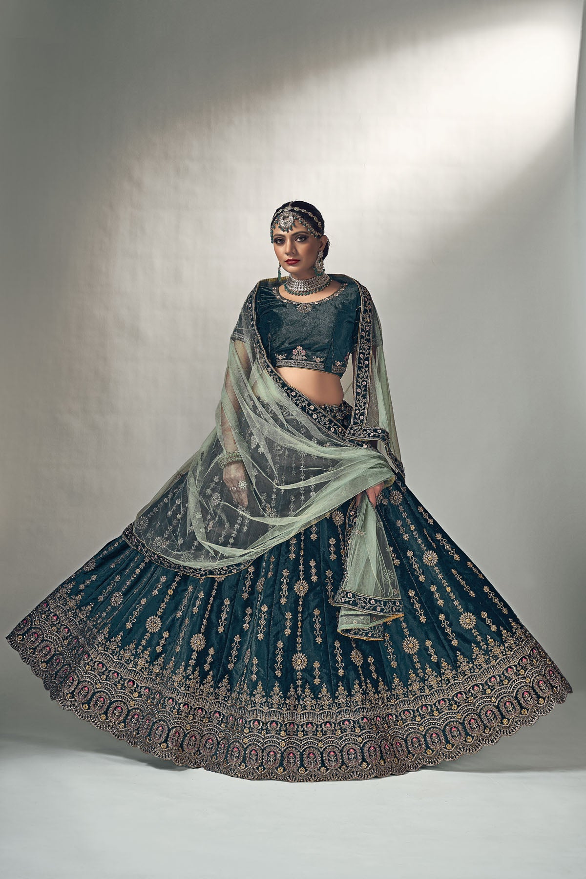 Navy Blue Lehenga Choli with Dupatta - Lycra Velvet