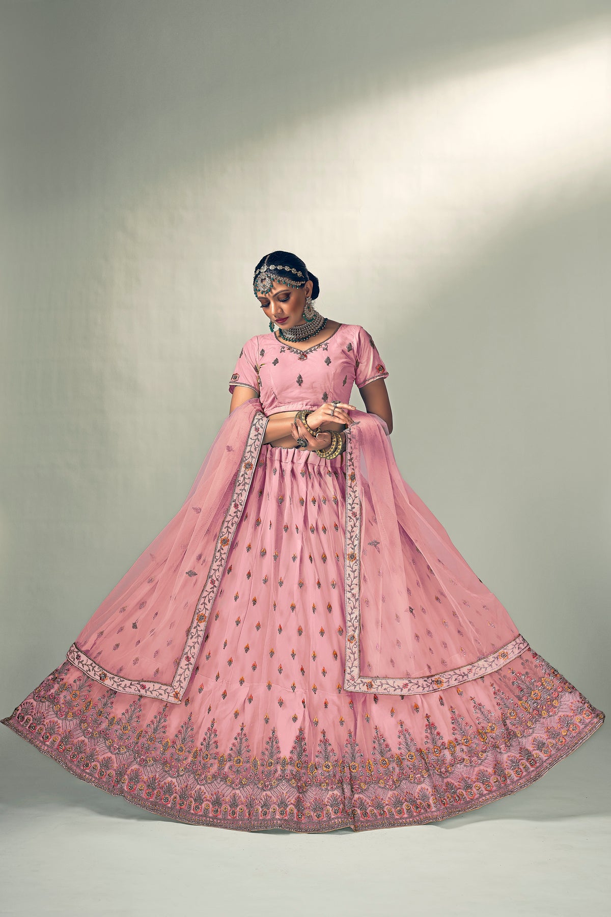 Light Pink Thread Work Net Lehenga Choli with Dupatta | 4090