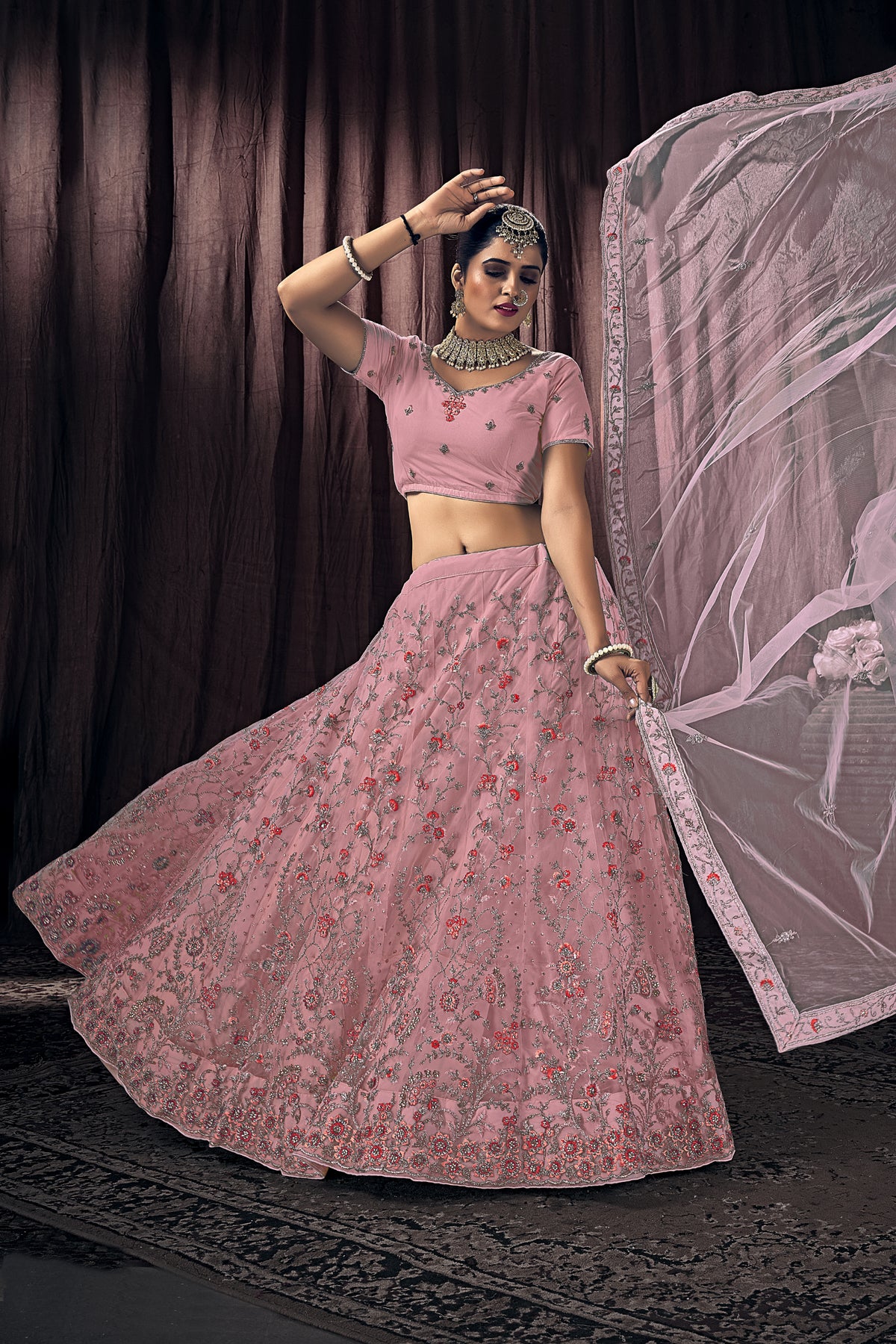 Dusty Pink Thread Work Butterfly Lehenga Choli Set with Dupatta - Versatile and Elegant Ensemble